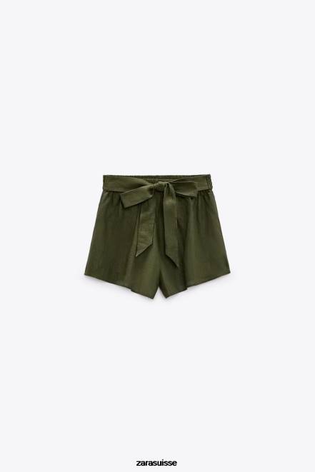 Zara vêtements P66V627 femmes short en lin noué kaki foncé