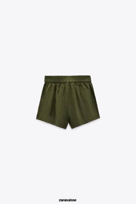 Zara vêtements P66V627 femmes short en lin noué kaki foncé