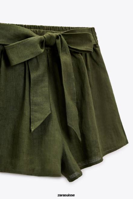 Zara vêtements P66V627 femmes short en lin noué kaki foncé