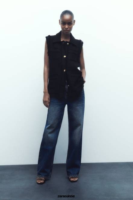 Zara vêtements P66V147 femmes gilet texturé à bords effilochés noir