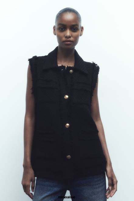 Zara vêtements P66V147 femmes gilet texturé à bords effilochés noir