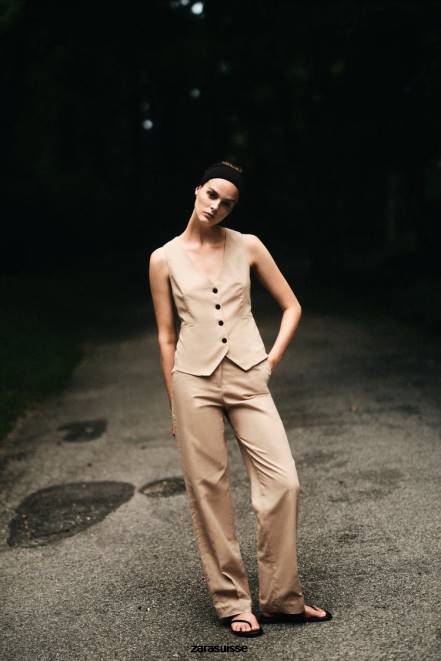 Zara vêtements P66V150 femmes gilet en lin mélangé sable