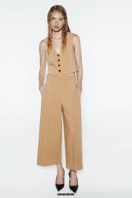 Zara vêtements P66V154 femmes gilet court ajusté marron taupe