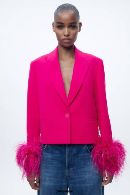 Zara vêtements P66V166 femmes blazer court en plumes fuchsia néon