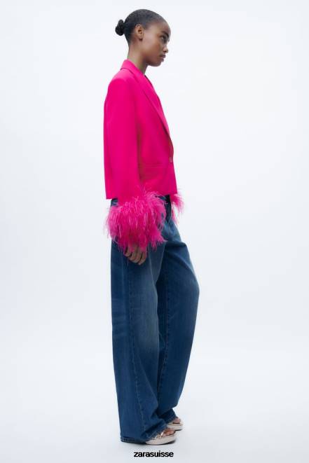 Zara vêtements P66V166 femmes blazer court en plumes fuchsia néon
