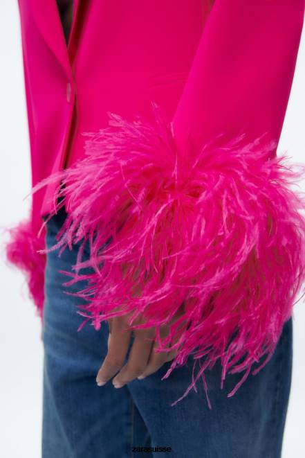 Zara vêtements P66V166 femmes blazer court en plumes fuchsia néon