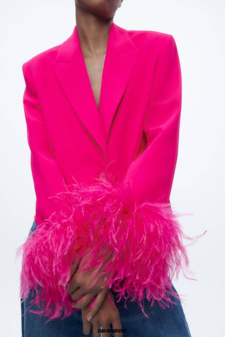 Zara vêtements P66V166 femmes blazer court en plumes fuchsia néon
