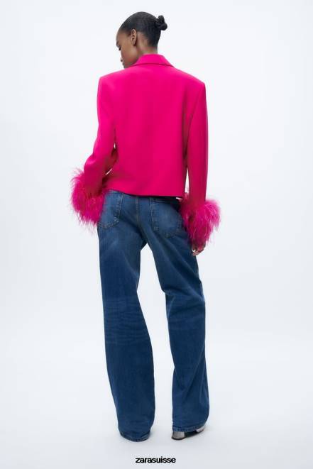 Zara vêtements P66V166 femmes blazer court en plumes fuchsia néon
