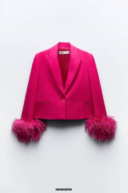 Zara vêtements P66V166 femmes blazer court en plumes fuchsia néon