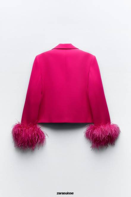 Zara vêtements P66V166 femmes blazer court en plumes fuchsia néon