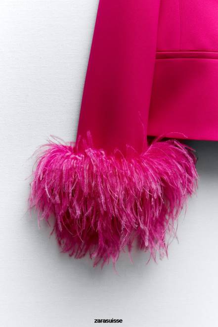 Zara vêtements P66V166 femmes blazer court en plumes fuchsia néon
