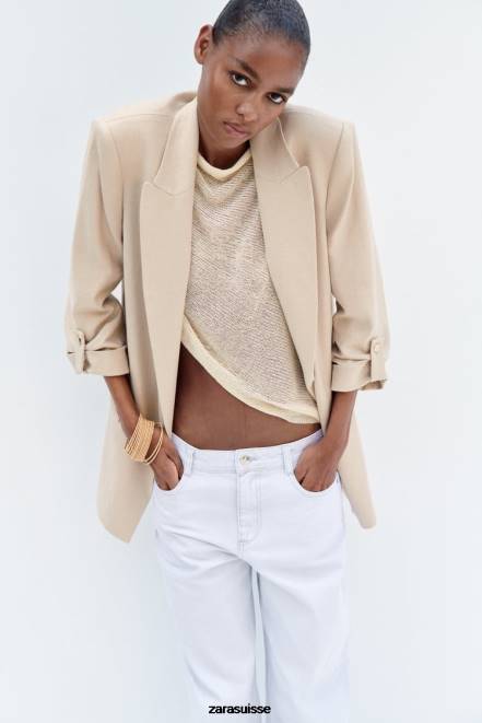 Zara vêtements P66V168 femmes blazer ouvert sur le devant à manches retroussées en mélange de lin beige