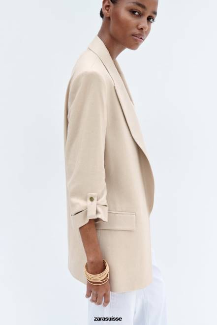 Zara vêtements P66V168 femmes blazer ouvert sur le devant à manches retroussées en mélange de lin beige