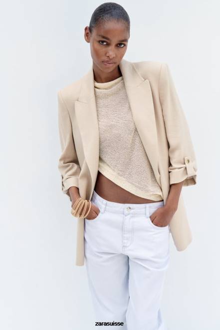 Zara vêtements P66V168 femmes blazer ouvert sur le devant à manches retroussées en mélange de lin beige