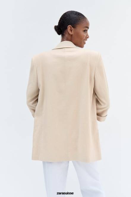Zara vêtements P66V168 femmes blazer ouvert sur le devant à manches retroussées en mélange de lin beige