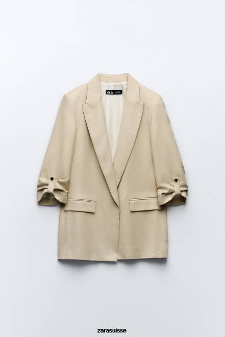 Zara vêtements P66V168 femmes blazer ouvert sur le devant à manches retroussées en mélange de lin beige