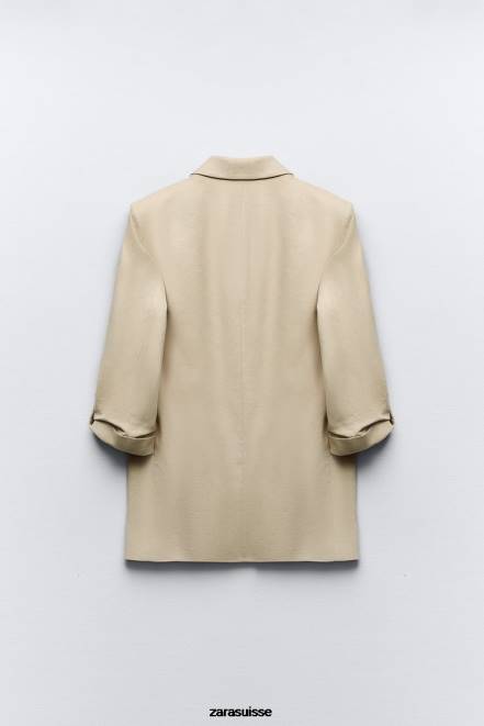 Zara vêtements P66V168 femmes blazer ouvert sur le devant à manches retroussées en mélange de lin beige