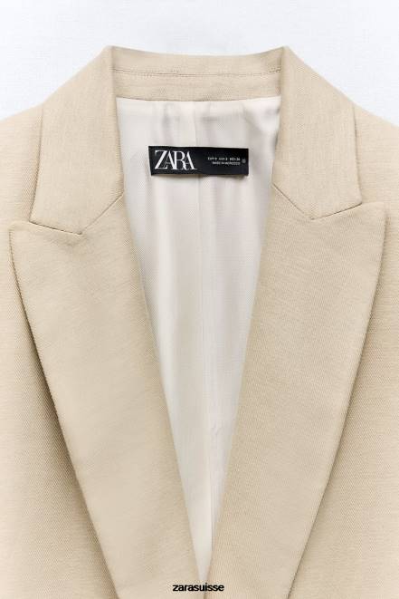 Zara vêtements P66V168 femmes blazer ouvert sur le devant à manches retroussées en mélange de lin beige