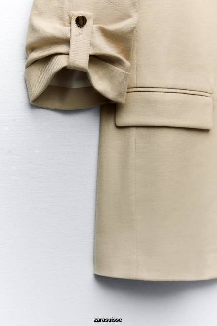 Zara vêtements P66V168 femmes blazer ouvert sur le devant à manches retroussées en mélange de lin beige