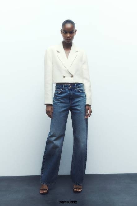Zara vêtements P66V173 femmes blazer court texturé écru