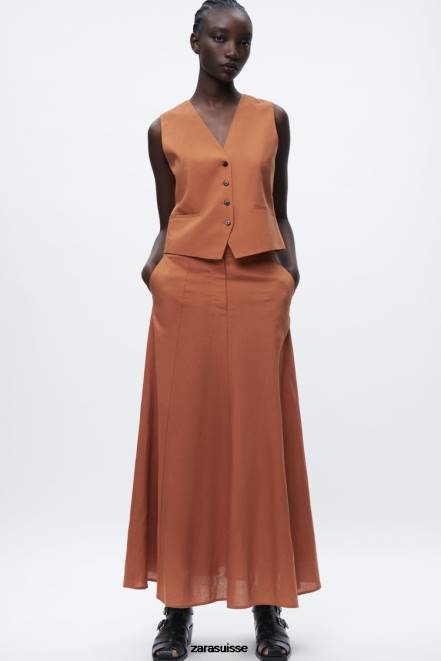 Zara vêtements P66V179 femmes gilet court en lin mélangé orange