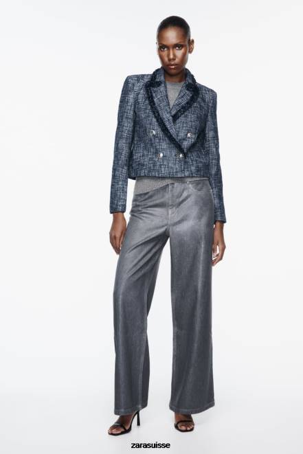 Zara vêtements P66V181 femmes blazer court texturé bleu marine