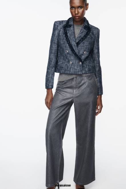 Zara vêtements P66V181 femmes blazer court texturé bleu marine