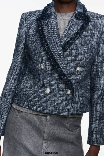 Zara vêtements P66V181 femmes blazer court texturé bleu marine