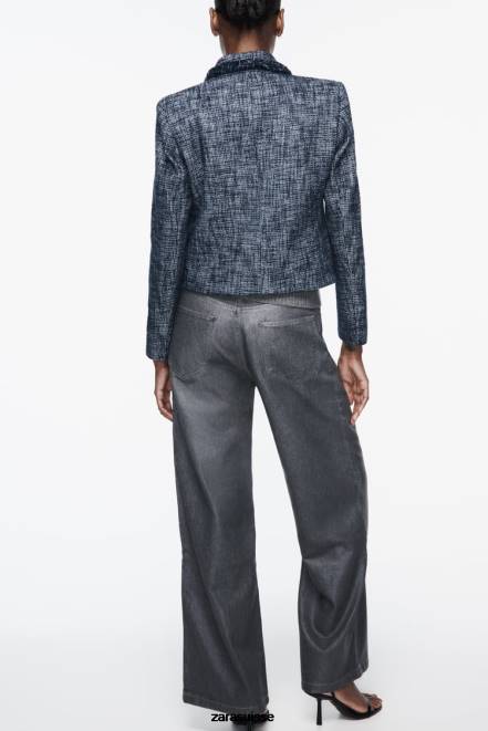 Zara vêtements P66V181 femmes blazer court texturé bleu marine