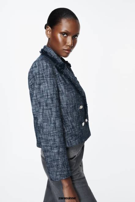 Zara vêtements P66V181 femmes blazer court texturé bleu marine