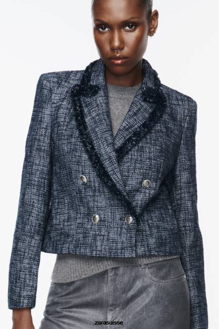 Zara vêtements P66V181 femmes blazer court texturé bleu marine