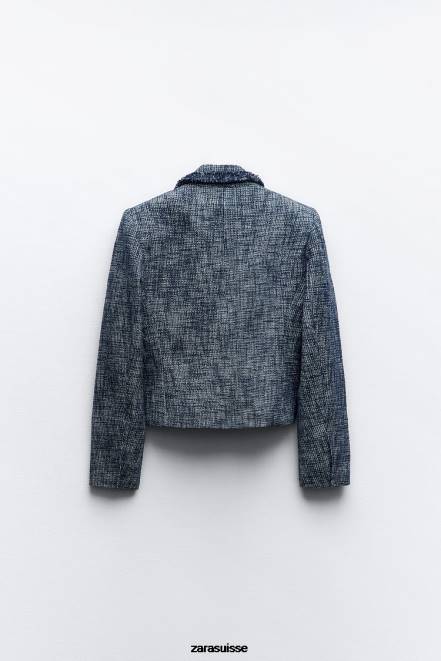 Zara vêtements P66V181 femmes blazer court texturé bleu marine