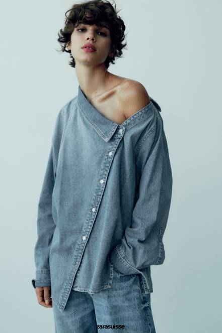 Zara vêtements P66V287 femmes chemise asymétrique en jean trf bleu clair