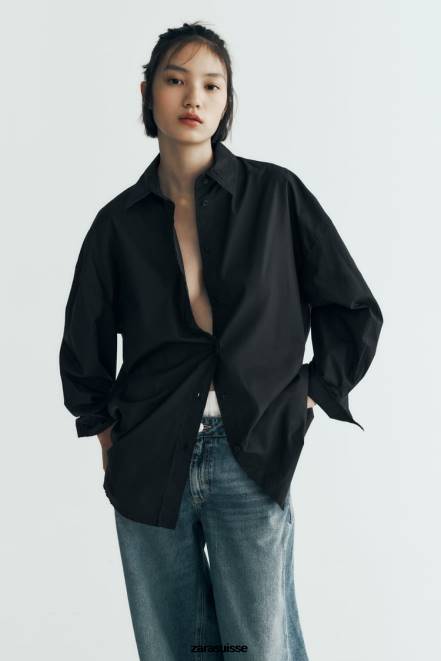 Zara vêtements P66V291 femmes chemise oversize en popeline noir