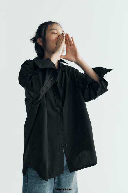 Zara vêtements P66V291 femmes chemise oversize en popeline noir