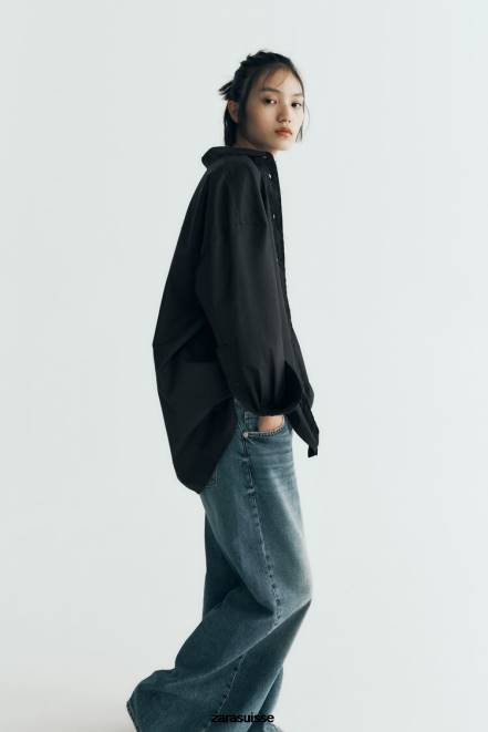 Zara vêtements P66V291 femmes chemise oversize en popeline noir