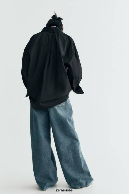 Zara vêtements P66V291 femmes chemise oversize en popeline noir