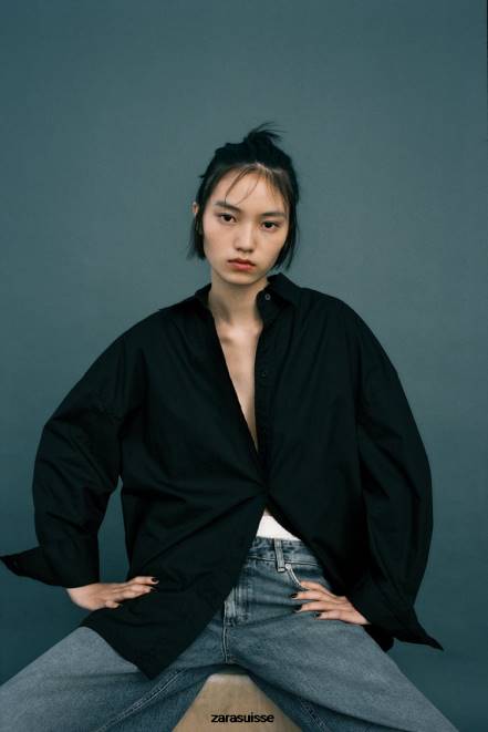 Zara vêtements P66V291 femmes chemise oversize en popeline noir