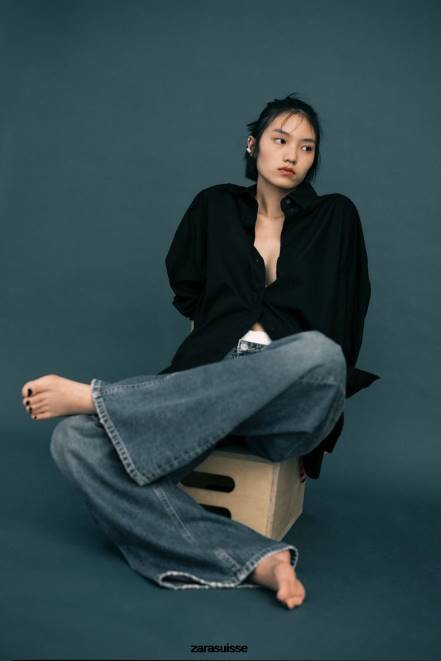 Zara vêtements P66V291 femmes chemise oversize en popeline noir