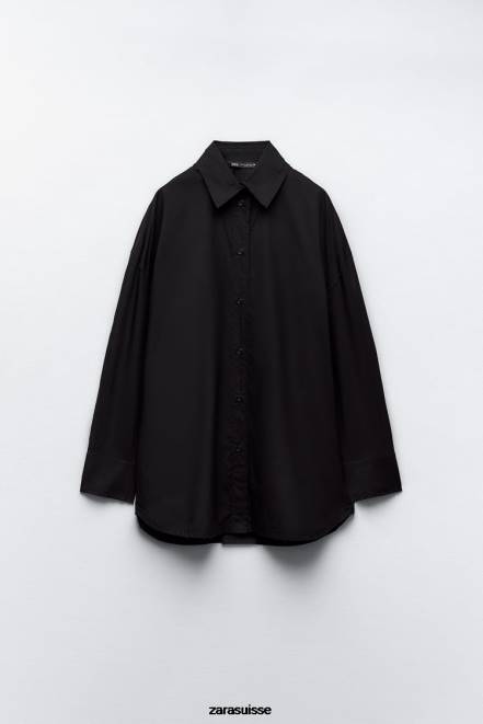 Zara vêtements P66V291 femmes chemise oversize en popeline noir