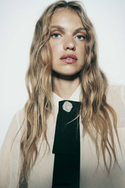 Zara vêtements P66V293 femmes chemise à cravate effet froissé écru