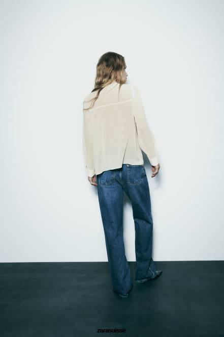 Zara vêtements P66V293 femmes chemise à cravate effet froissé écru