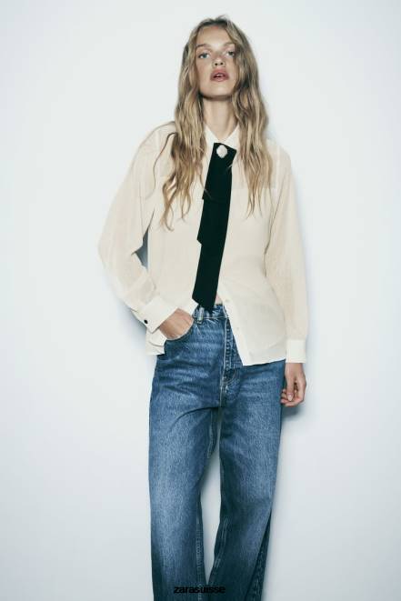 Zara vêtements P66V293 femmes chemise à cravate effet froissé écru