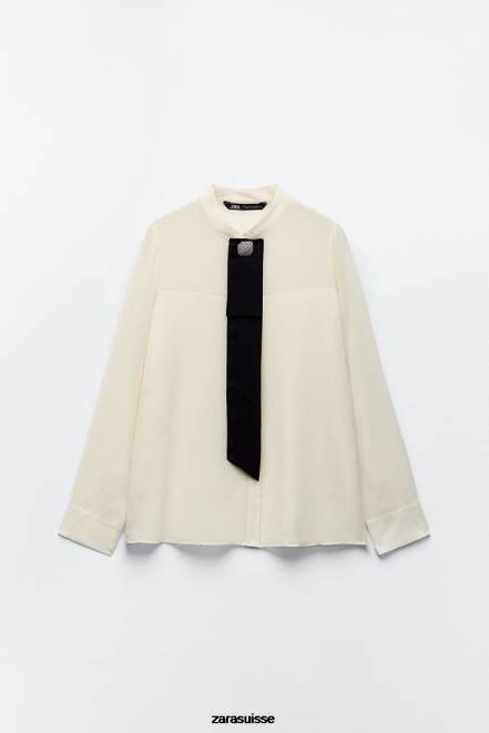 Zara vêtements P66V293 femmes chemise à cravate effet froissé écru