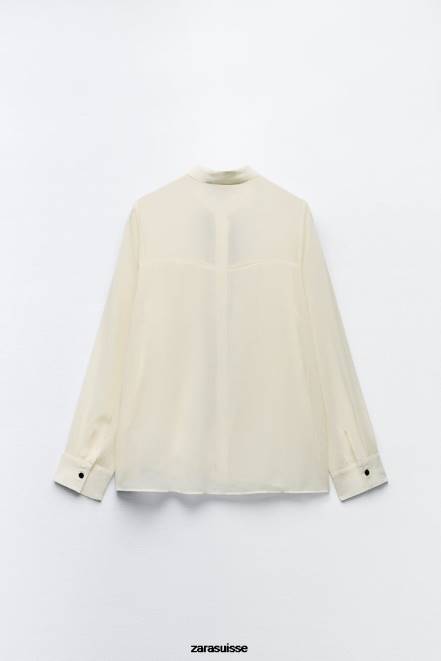 Zara vêtements P66V293 femmes chemise à cravate effet froissé écru