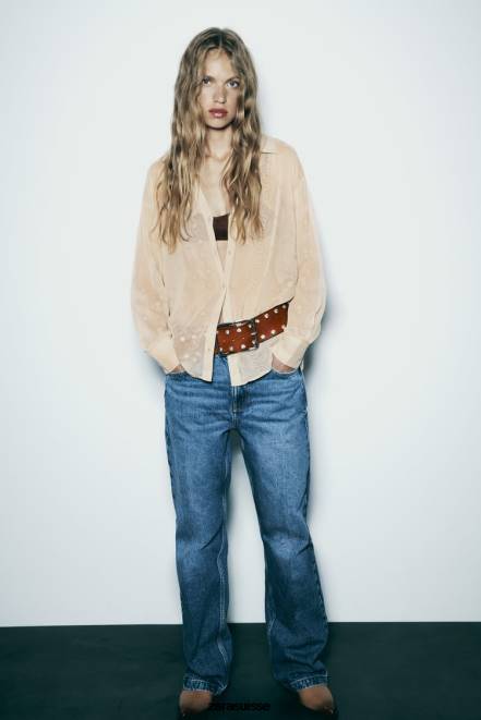 Zara vêtements P66V294 femmes chemise brodée semi-transparente beige