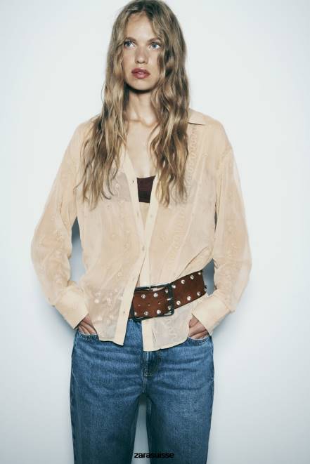 Zara vêtements P66V294 femmes chemise brodée semi-transparente beige