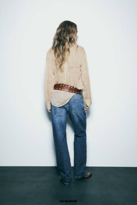 Zara vêtements P66V294 femmes chemise brodée semi-transparente beige