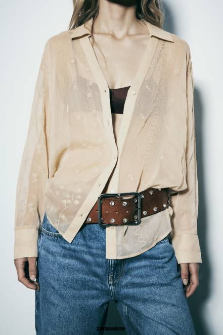 Zara vêtements P66V294 femmes chemise brodée semi-transparente beige