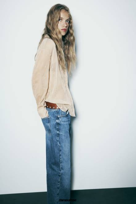 Zara vêtements P66V294 femmes chemise brodée semi-transparente beige